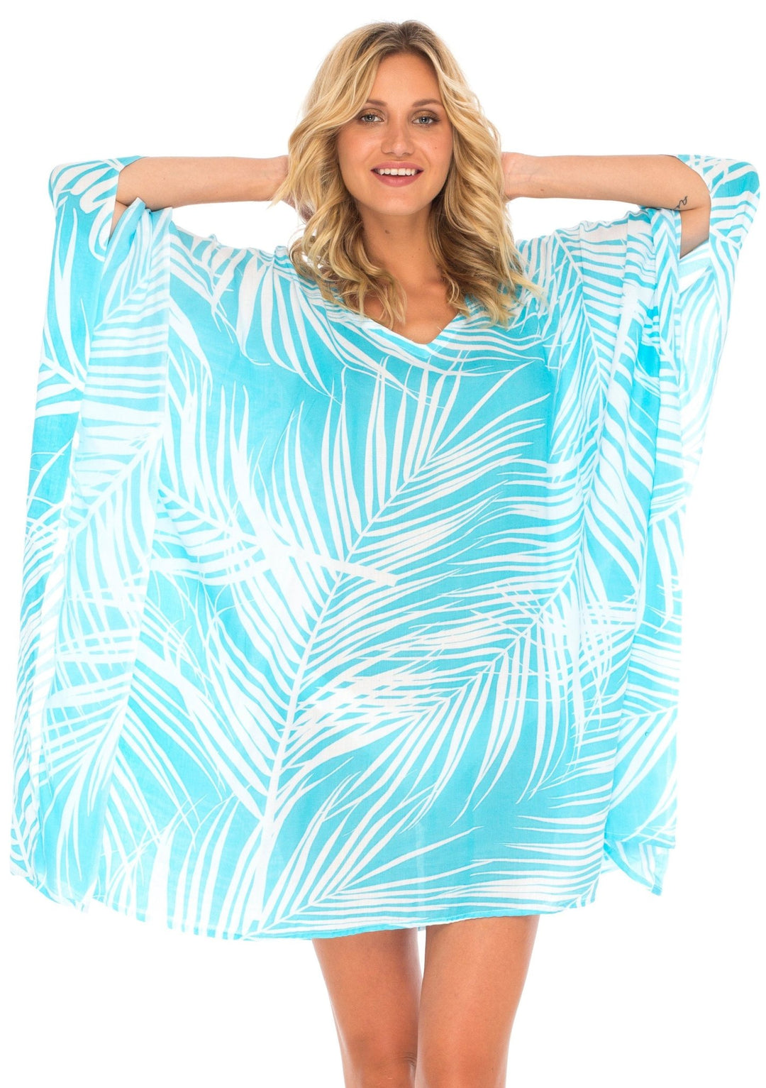 SHU - SHI PalmPrint Short Poncho Kaftan Top - Women's Beach Dress Swimwear, One Size - Love ShuShi