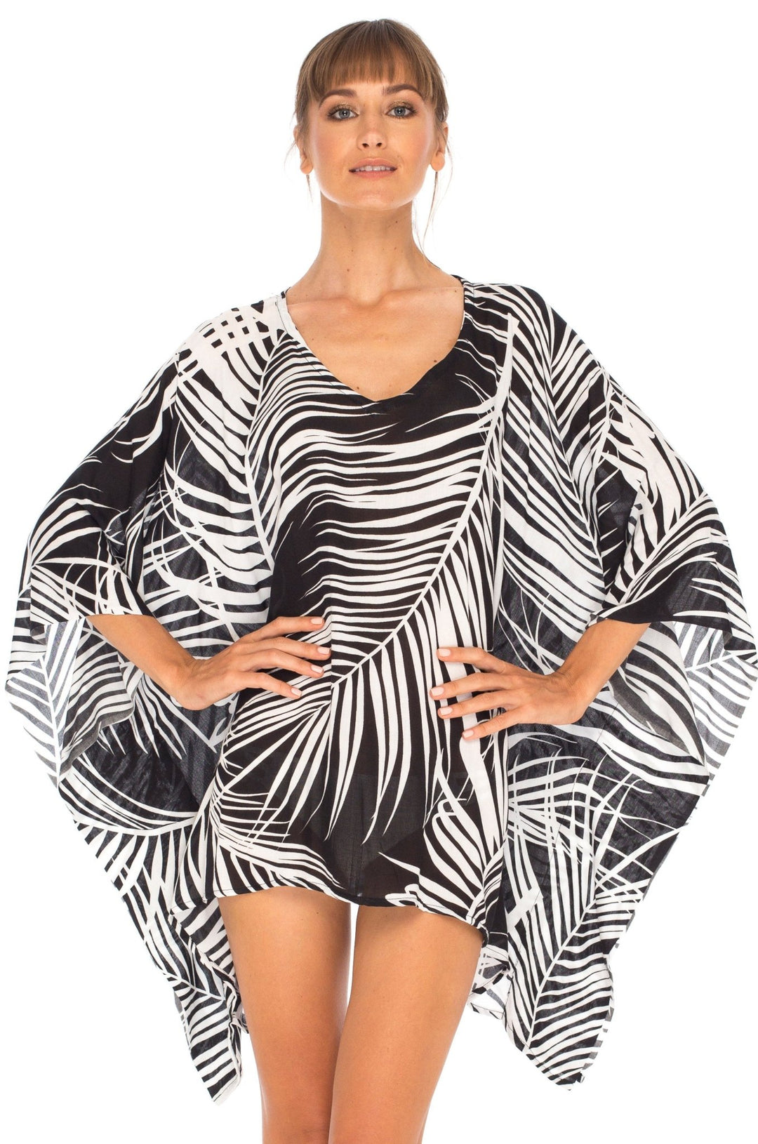 SHU - SHI PalmPrint Short Poncho Kaftan Top - Women's Beach Dress Swimwear, One Size - Love ShuShi