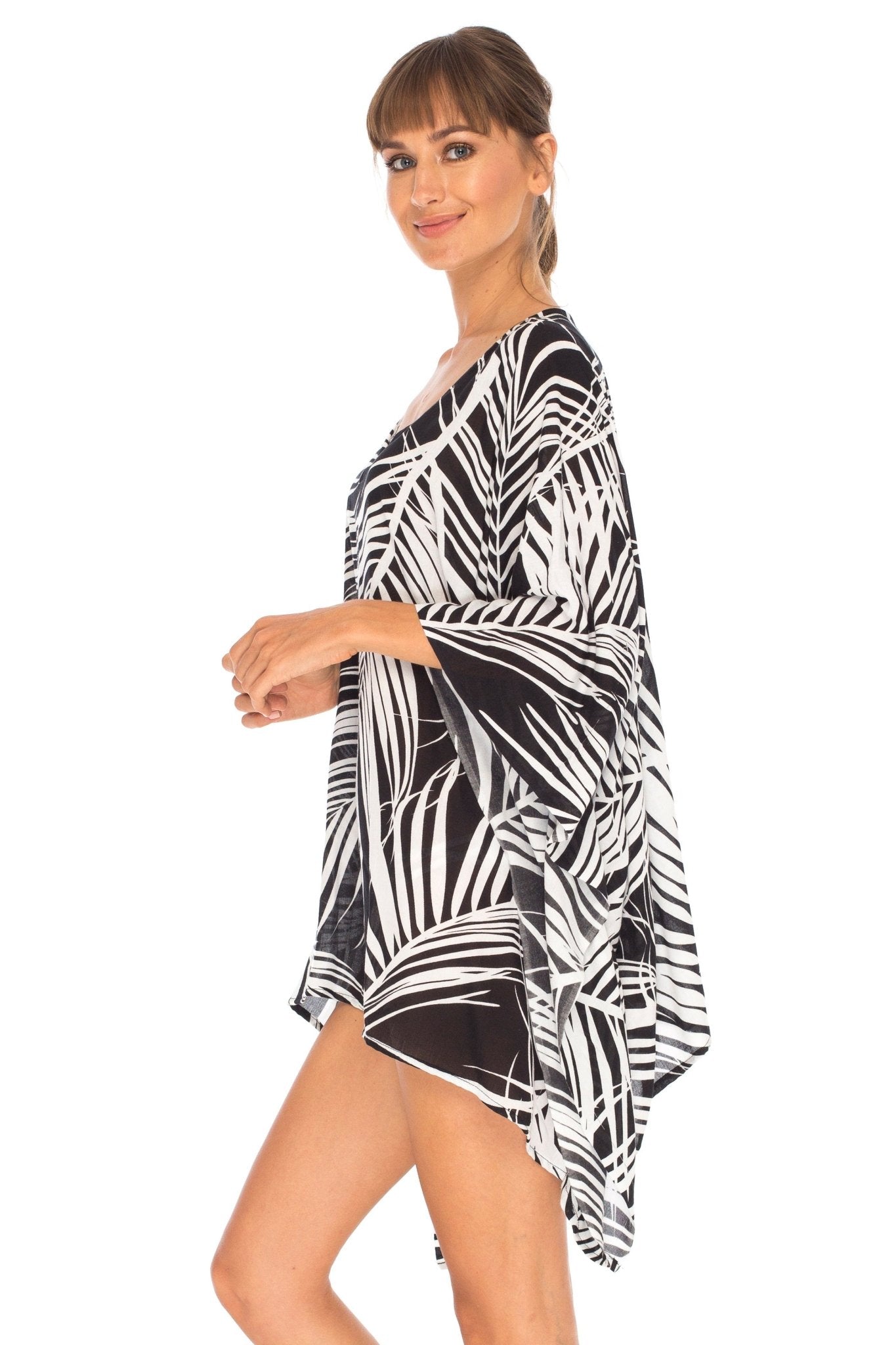 SHU - SHI PalmPrint Short Poncho Kaftan Top - Women's Beach Dress Swimwear, One Size - Love ShuShi