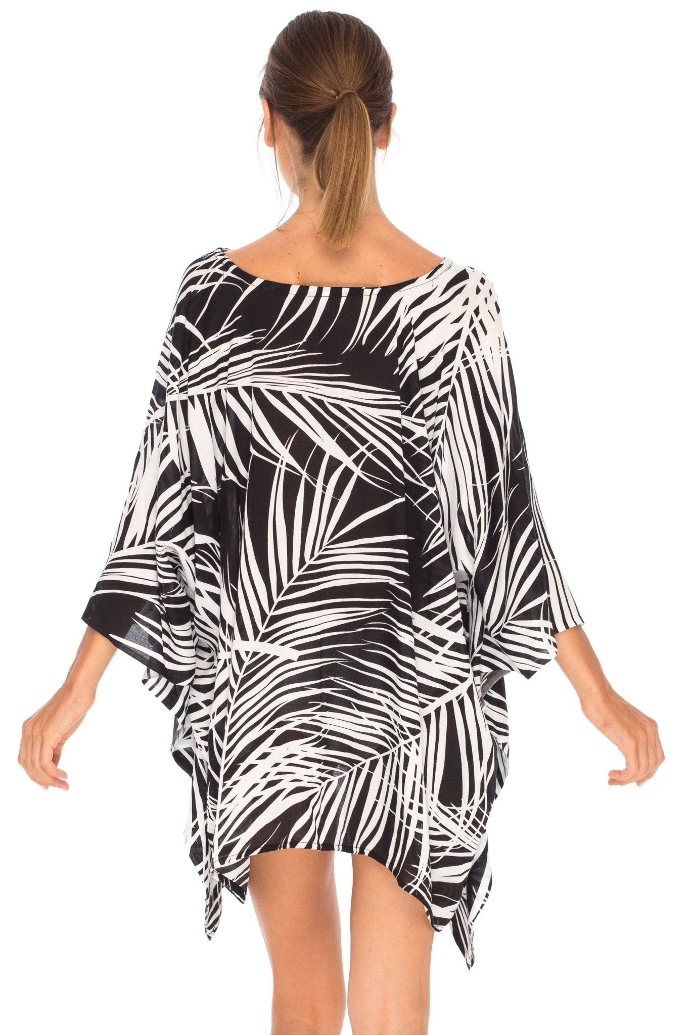 SHU - SHI PalmPrint Short Poncho Kaftan Top - Women's Beach Dress Swimwear, One Size - Love ShuShi