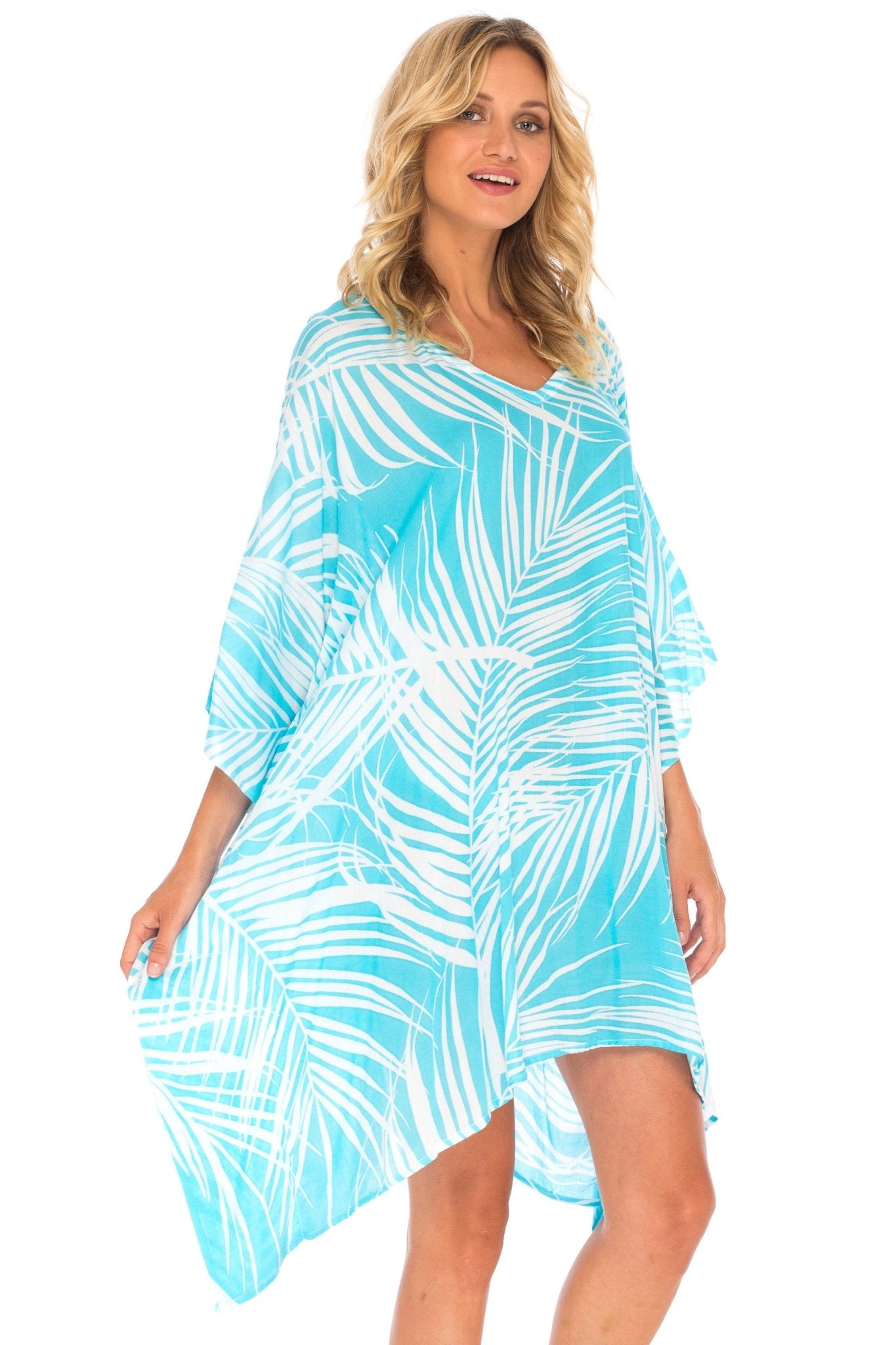 SHU - SHI PalmPrint Short Poncho Kaftan Top - Women's Beach Dress Swimwear, One Size - Love ShuShi