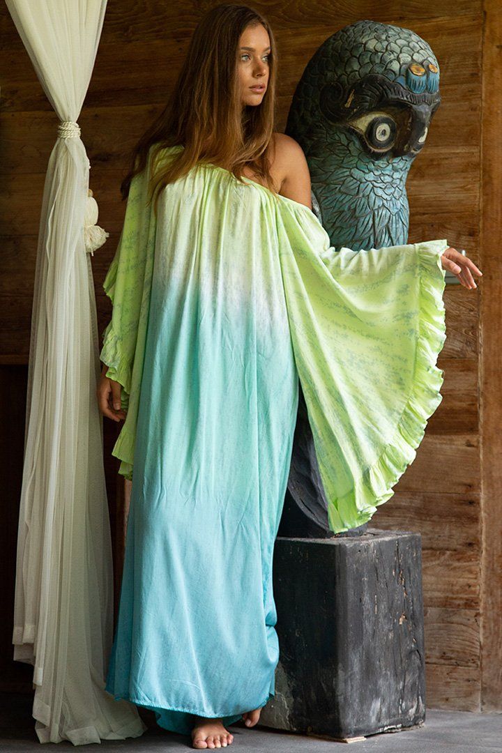 Shu - Shi Tie - Dye Caftan Dress with Trompette 3/4 Sleeves - Long, Lime/Turquoise, Small/Medium - Love ShuShi