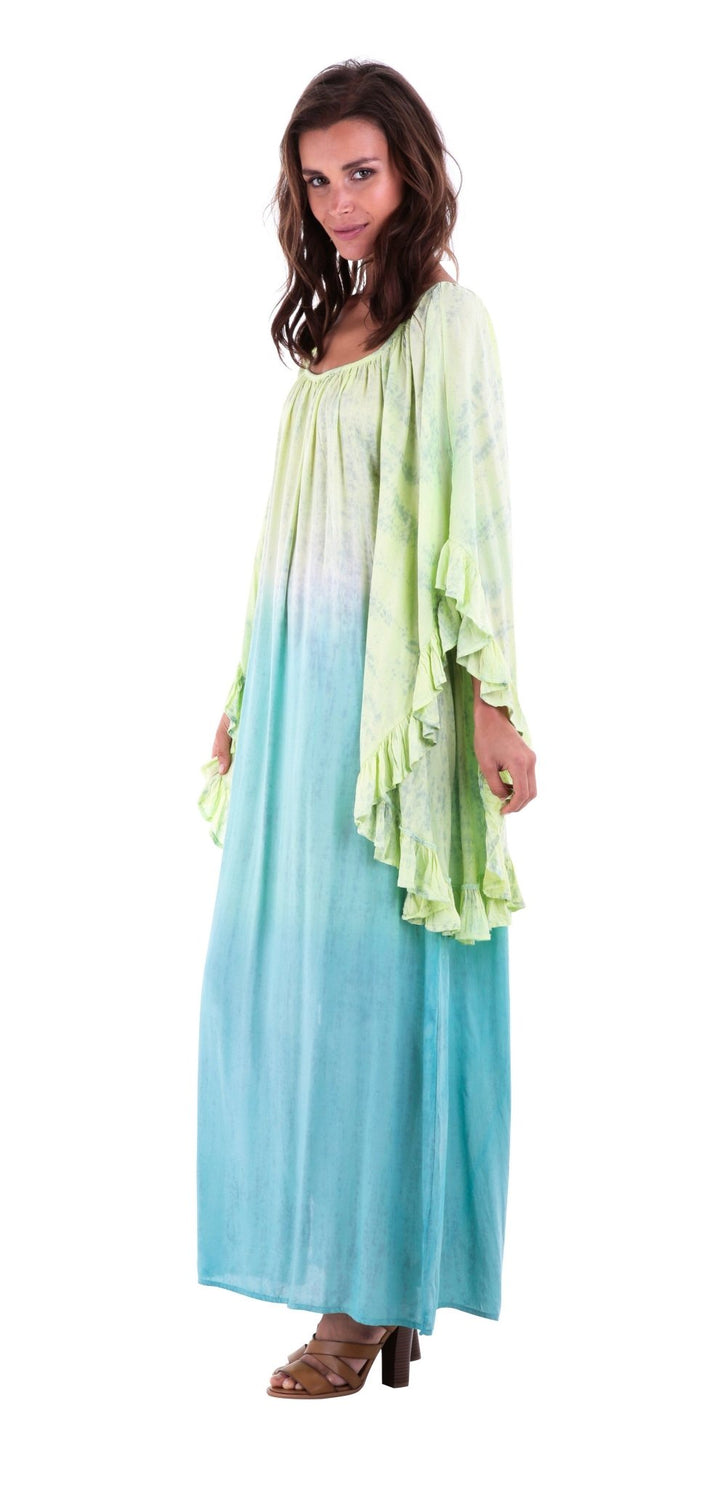 Shu - Shi Tie - Dye Caftan Dress with Trompette 3/4 Sleeves - Long, Lime/Turquoise, Small/Medium - Love ShuShi