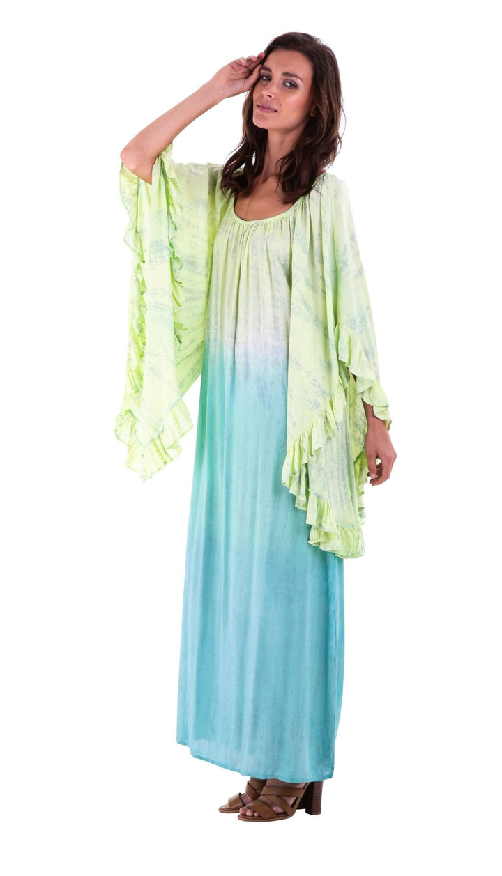 Shu - Shi Tie - Dye Caftan Dress with Trompette 3/4 Sleeves - Long, Lime/Turquoise, Small/Medium - Love ShuShi