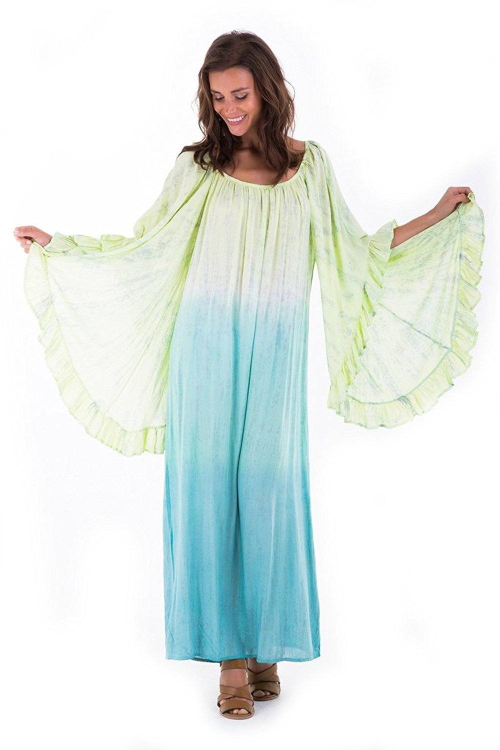 Shu - Shi Tie - Dye Caftan Dress with Trompette 3/4 Sleeves - Long, Lime/Turquoise, Small/Medium - Love ShuShi