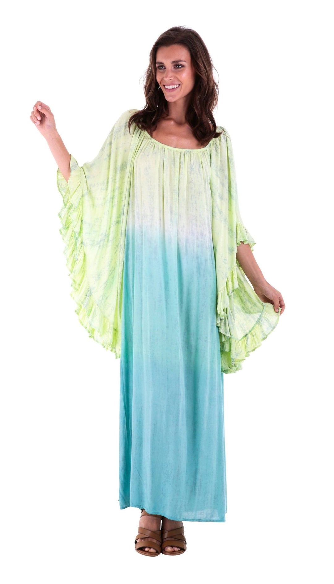 Shu - Shi Tie - Dye Caftan Dress with Trompette 3/4 Sleeves - Long, Lime/Turquoise, Small/Medium - Love ShuShi