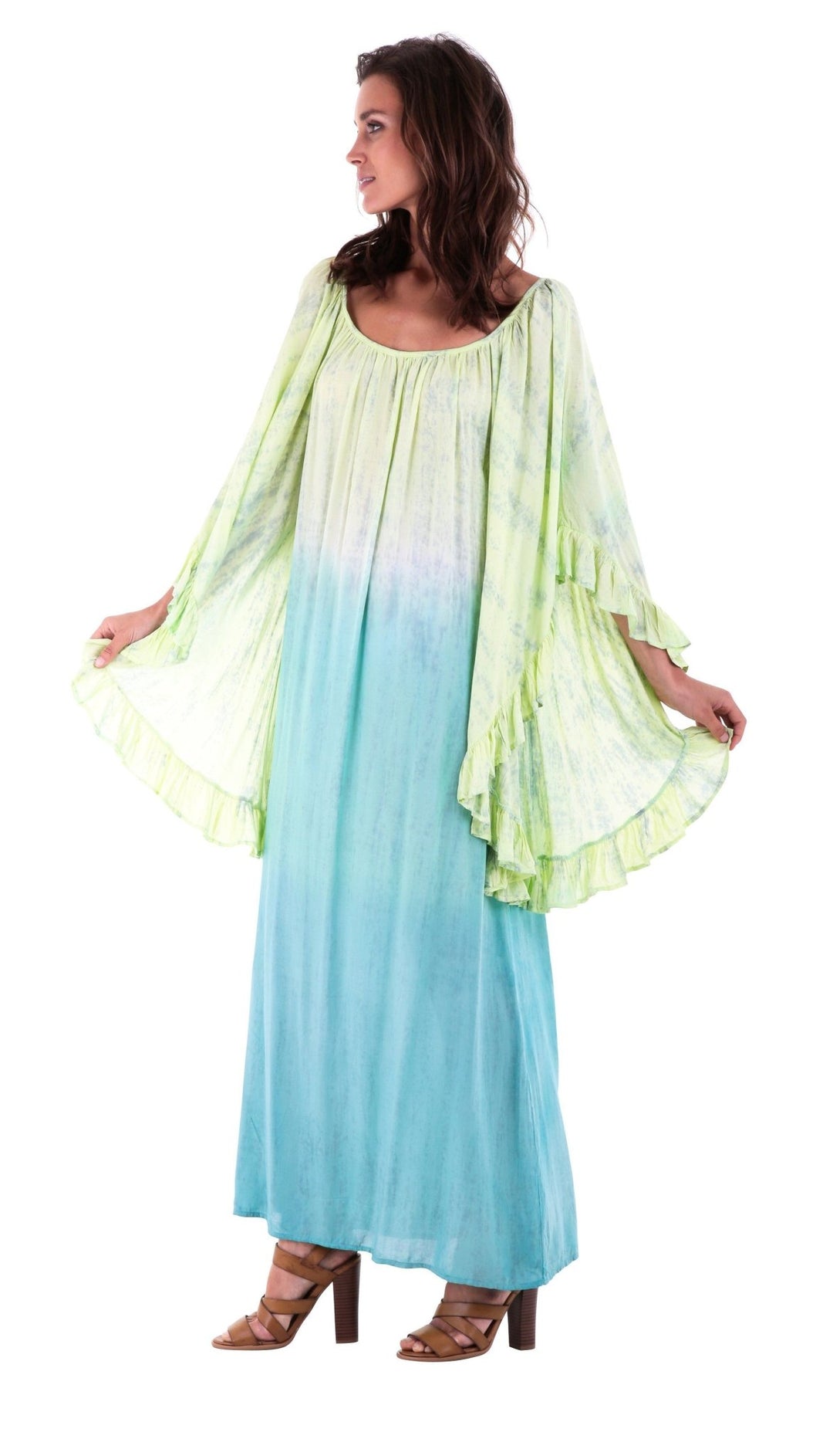 Shu - Shi Tie - Dye Caftan Dress with Trompette 3/4 Sleeves - Long, Lime/Turquoise, Small/Medium - Love ShuShi