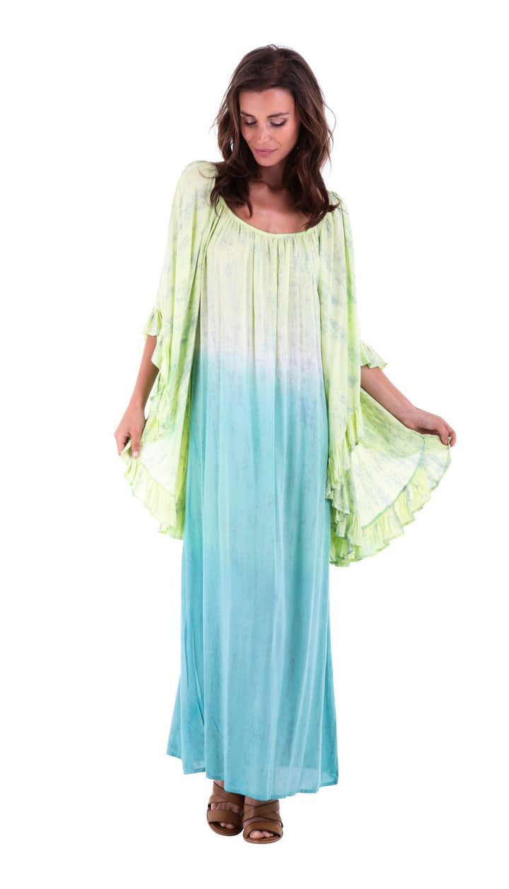 Shu - Shi Tie - Dye Caftan Dress with Trompette 3/4 Sleeves - Long, Lime/Turquoise, Small/Medium - Love ShuShi