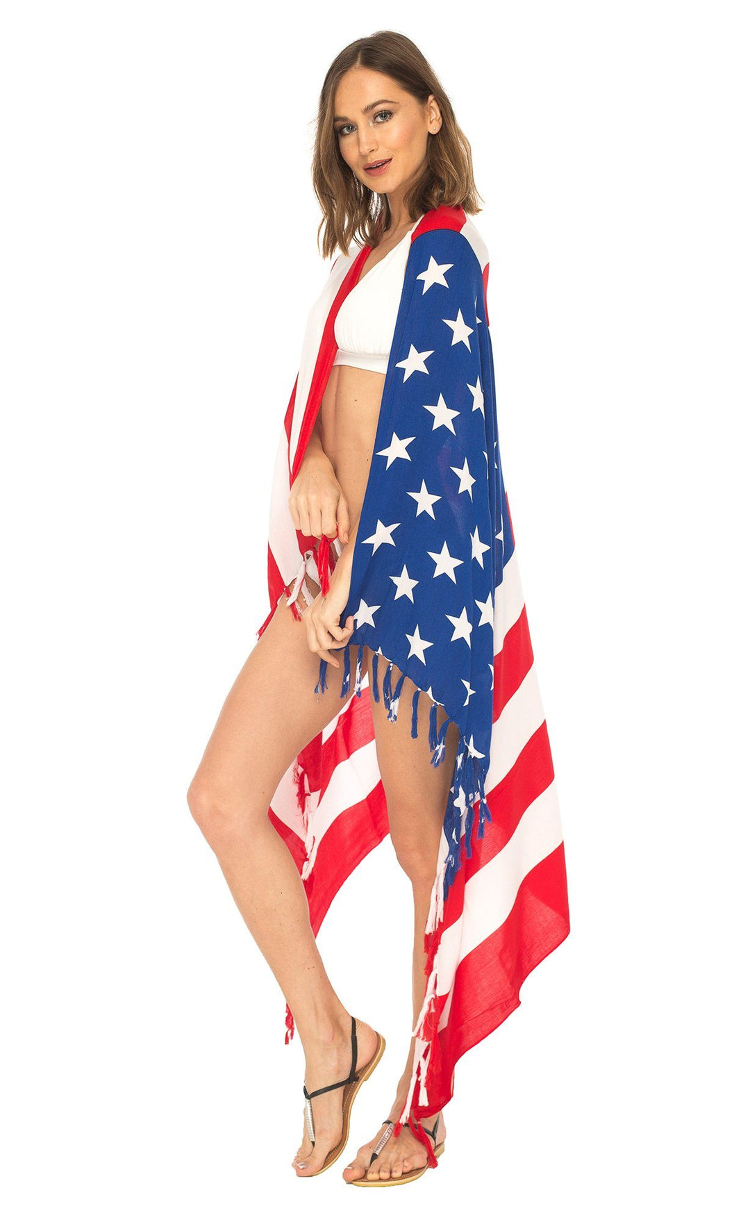 SHU - SHI Womens Beach Swimsuit Cover Up American Flag Sarong Wrap with Coconut Clip - Love ShuShi