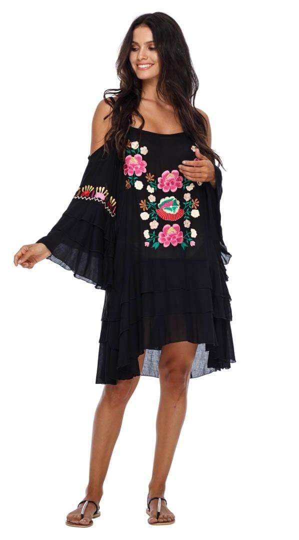 SHU - SHI Women's Bohemian Cold Shoulder Embroidered Tunic Dress - Casual Bell Sleeve Swimsuit Cover Up Short Dress - Love ShuShi