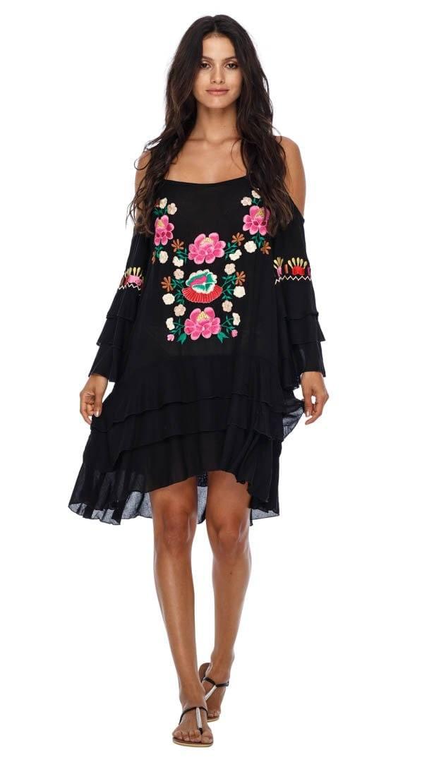 SHU - SHI Women's Bohemian Cold Shoulder Embroidered Tunic Dress - Casual Bell Sleeve Swimsuit Cover Up Short Dress - Love ShuShi