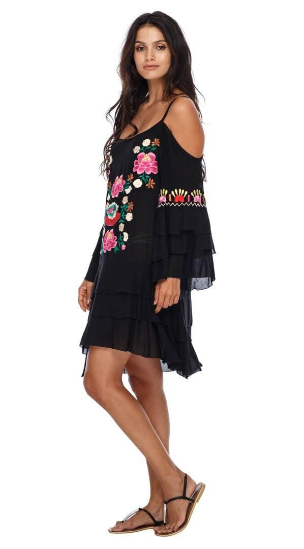 SHU - SHI Women's Bohemian Cold Shoulder Embroidered Tunic Dress - Casual Bell Sleeve Swimsuit Cover Up Short Dress - Love ShuShi