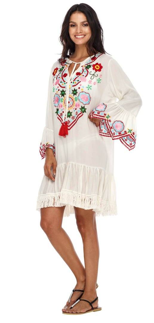 SHU - SHI Women's Bohemian Embroidered Tunic Dress - Bell Sleeve Swimsuit Cover - Up & Casual Short Shift Dress - Love ShuShi