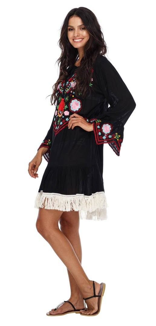 SHU - SHI Women's Bohemian Embroidered Tunic Dress - Bell Sleeve Swimsuit Cover - Up & Casual Short Shift Dress - Love ShuShi