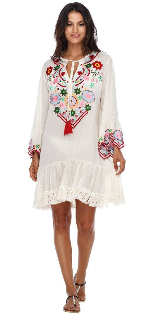 SHU - SHI Women's Bohemian Embroidered Tunic Dress - Bell Sleeve Swimsuit Cover - Up & Casual Short Shift Dress - Love ShuShi