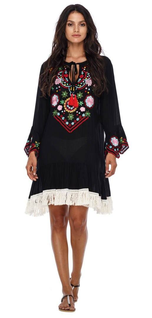 SHU - SHI Women's Bohemian Embroidered Tunic Dress - Bell Sleeve Swimsuit Cover - Up & Casual Short Shift Dress - Love ShuShi