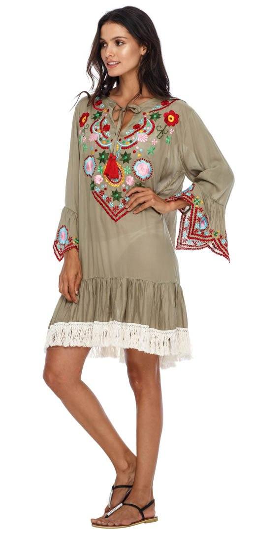 SHU - SHI Women's Bohemian Embroidered Tunic Dress - Bell Sleeve Swimsuit Cover - Up & Casual Short Shift Dress - Love ShuShi