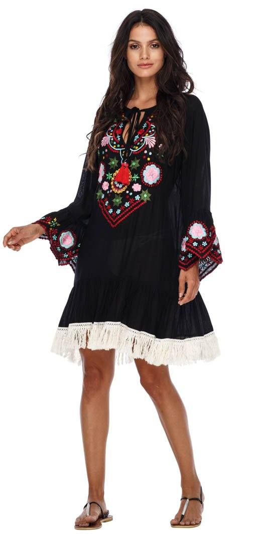 SHU - SHI Women's Bohemian Embroidered Tunic Dress - Bell Sleeve Swimsuit Cover - Up & Casual Short Shift Dress - Love ShuShi