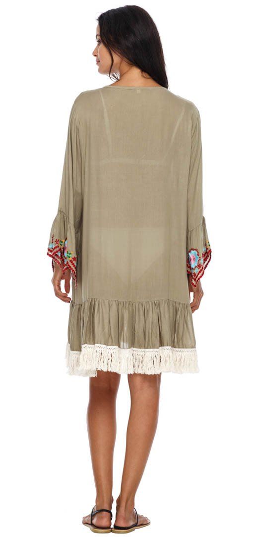 SHU - SHI Women's Bohemian Embroidered Tunic Dress - Bell Sleeve Swimsuit Cover - Up & Casual Short Shift Dress - Love ShuShi