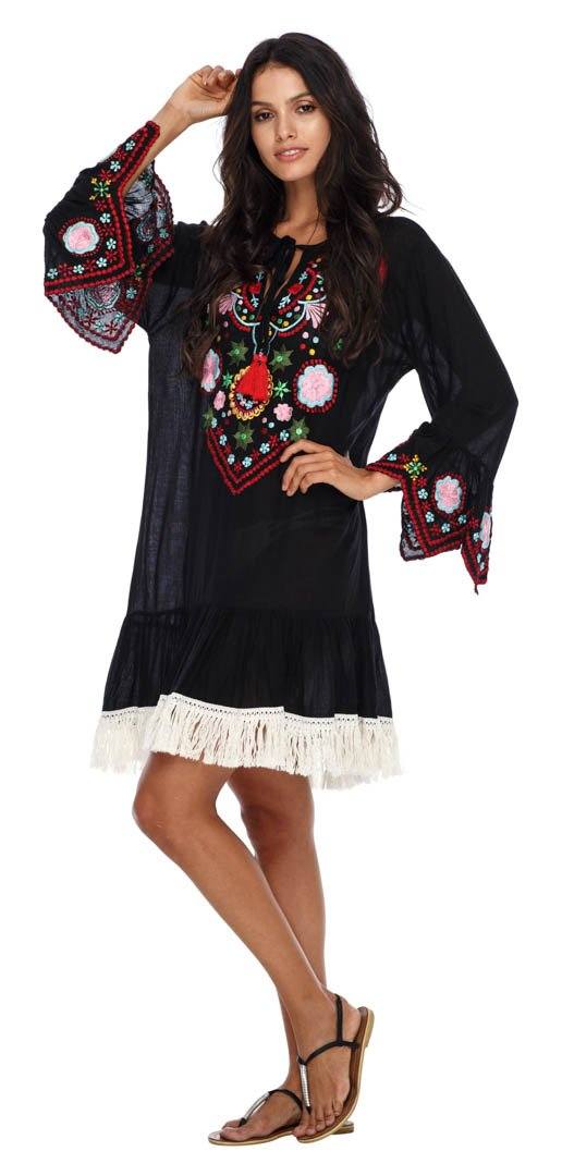 SHU - SHI Women's Bohemian Embroidered Tunic Dress - Bell Sleeve Swimsuit Cover - Up & Casual Short Shift Dress - Love ShuShi