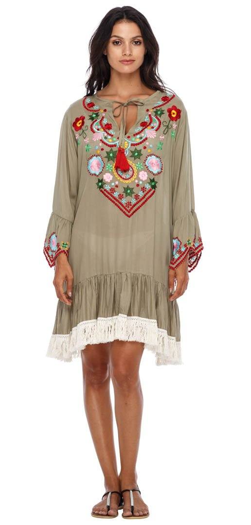 Boutique outlets Embroidered Suede 3/4 Sleeve Bohemian Coverup Dress