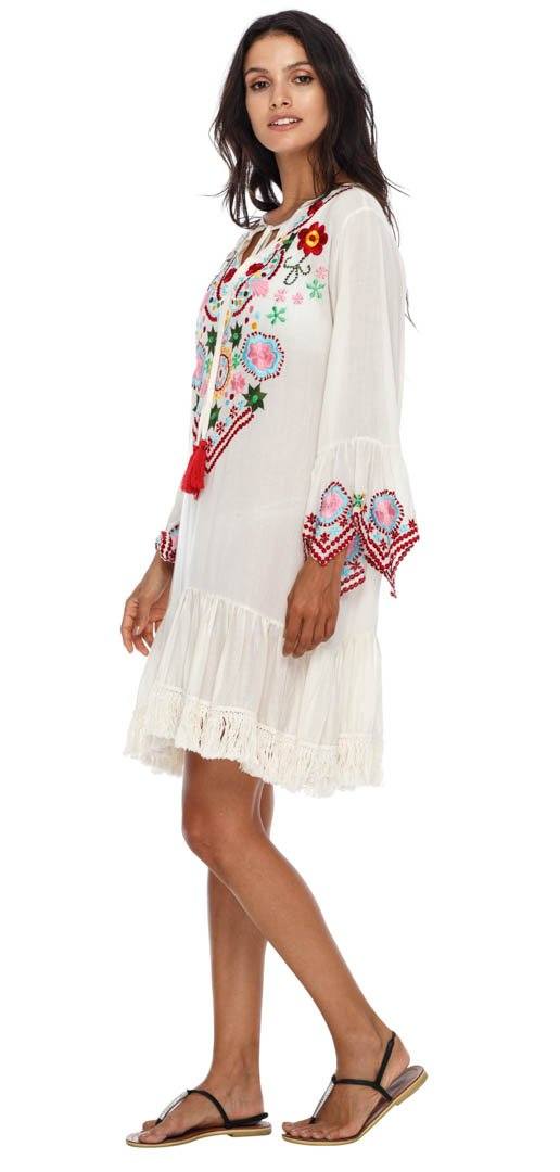 SHU - SHI Women's Bohemian Embroidered Tunic Dress - Bell Sleeve Swimsuit Cover - Up & Casual Short Shift Dress - Love ShuShi