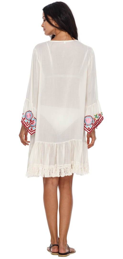 SHU - SHI Women's Bohemian Embroidered Tunic Dress - Bell Sleeve Swimsuit Cover - Up & Casual Short Shift Dress - Love ShuShi