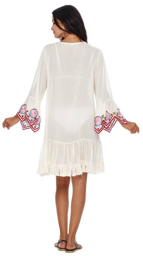 SHU - SHI Women's Bohemian Embroidered Tunic Dress - Bell Sleeve Swimsuit Cover - Up & Casual Short Shift Dress - Love ShuShi