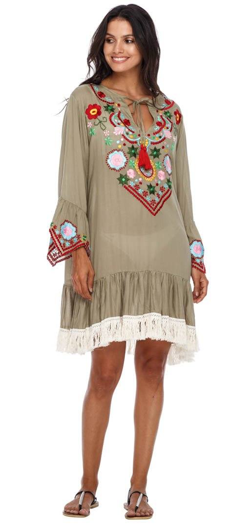 SHU - SHI Women's Bohemian Embroidered Tunic Dress - Bell Sleeve Swimsuit Cover - Up & Casual Short Shift Dress - Love ShuShi