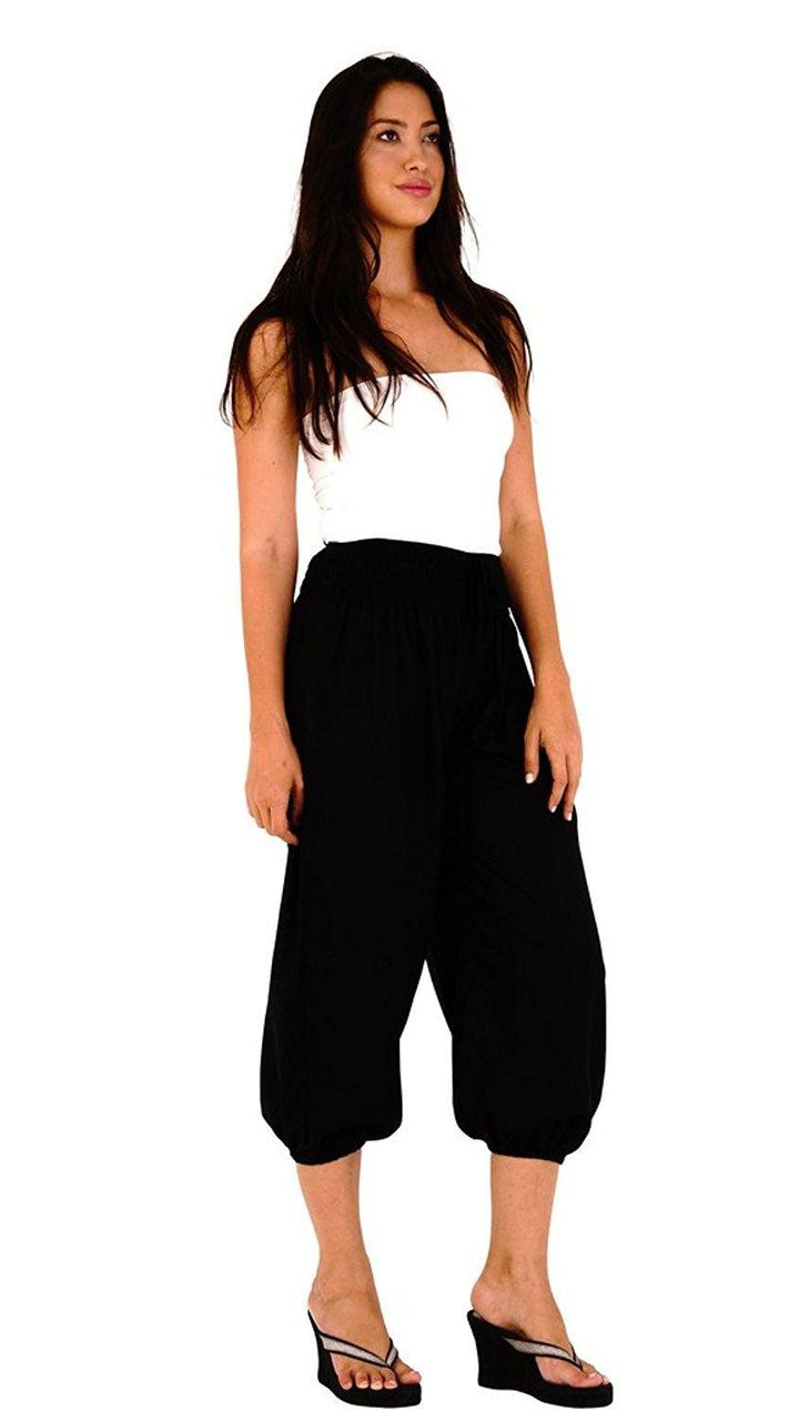 SHU - SHI Women's Boho Harem Capris Pants with Elastic Waist and Side Pockets - Love ShuShi