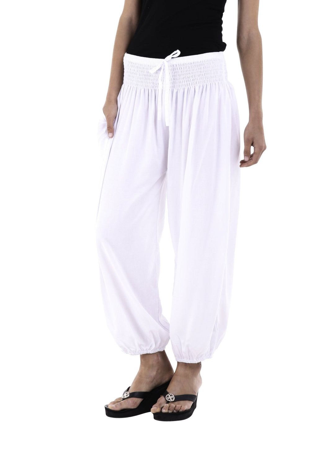 SHU - SHI Women's Boho Harem Capris Pants with Elastic Waist and Side Pockets - Love ShuShi