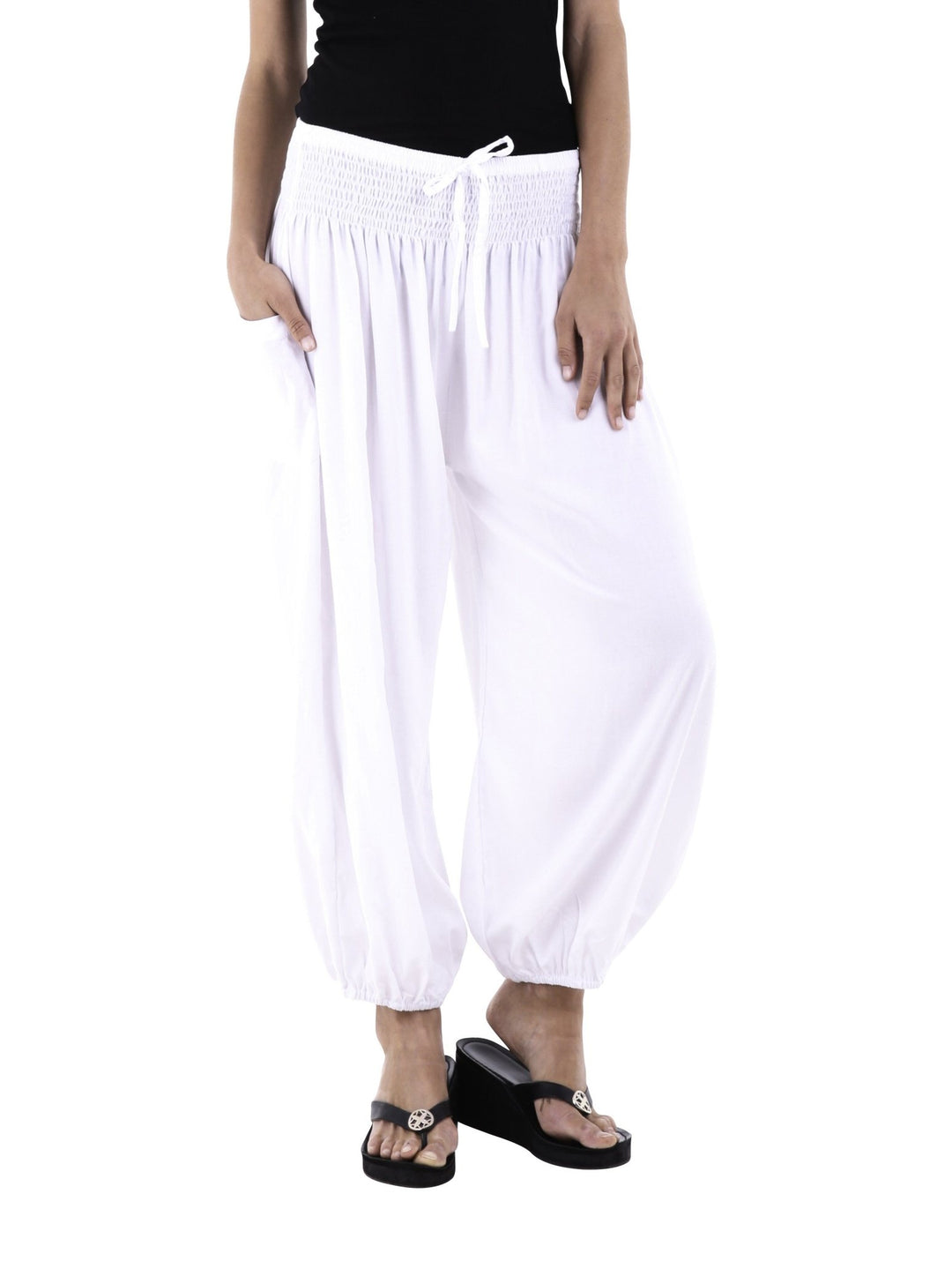 SHU - SHI Women's Boho Harem Capris Pants with Elastic Waist and Side Pockets - Love ShuShi