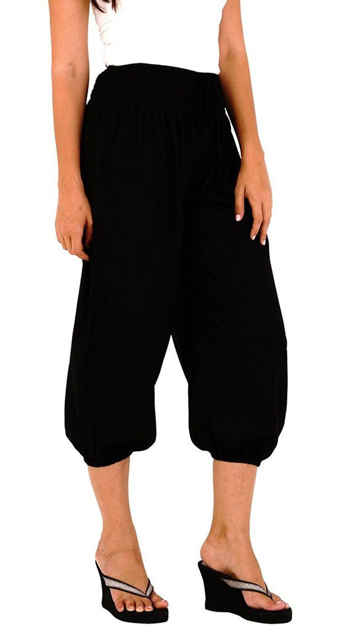 SHU - SHI Women's Boho Harem Capris Pants with Elastic Waist and Side Pockets - Love ShuShi