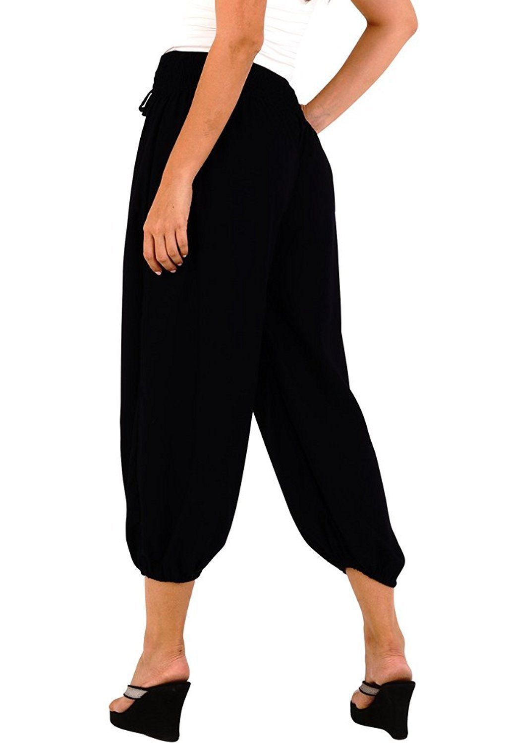 SHU - SHI Women's Boho Harem Capris Pants with Elastic Waist and Side Pockets - Love ShuShi