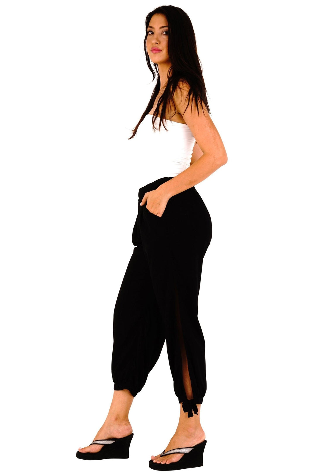 SHU - SHI Women's Boho Harem Cropped Trousers with High Side Slits - Summer Pants - Love ShuShi