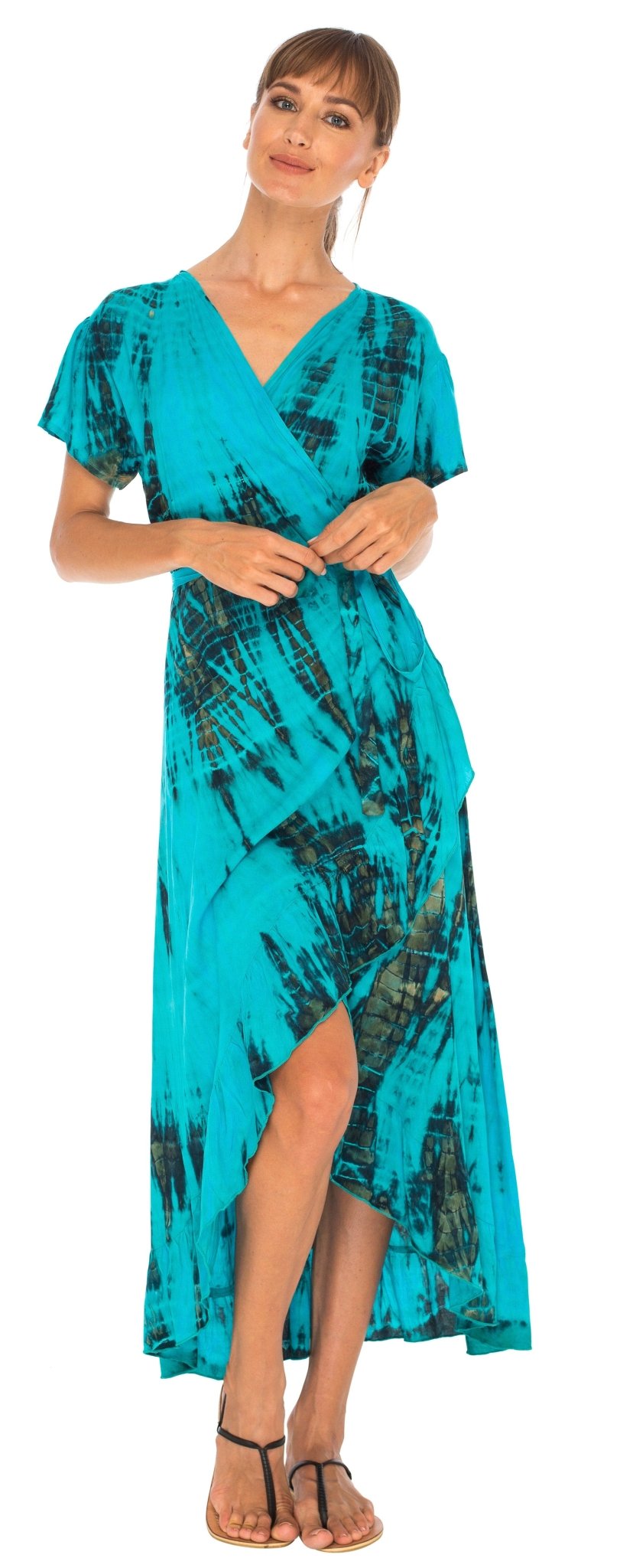 SHU - SHI Women's Boho Maxi Wrap Dress - Casual V - Neck Tie Dye Sundress - Love ShuShi