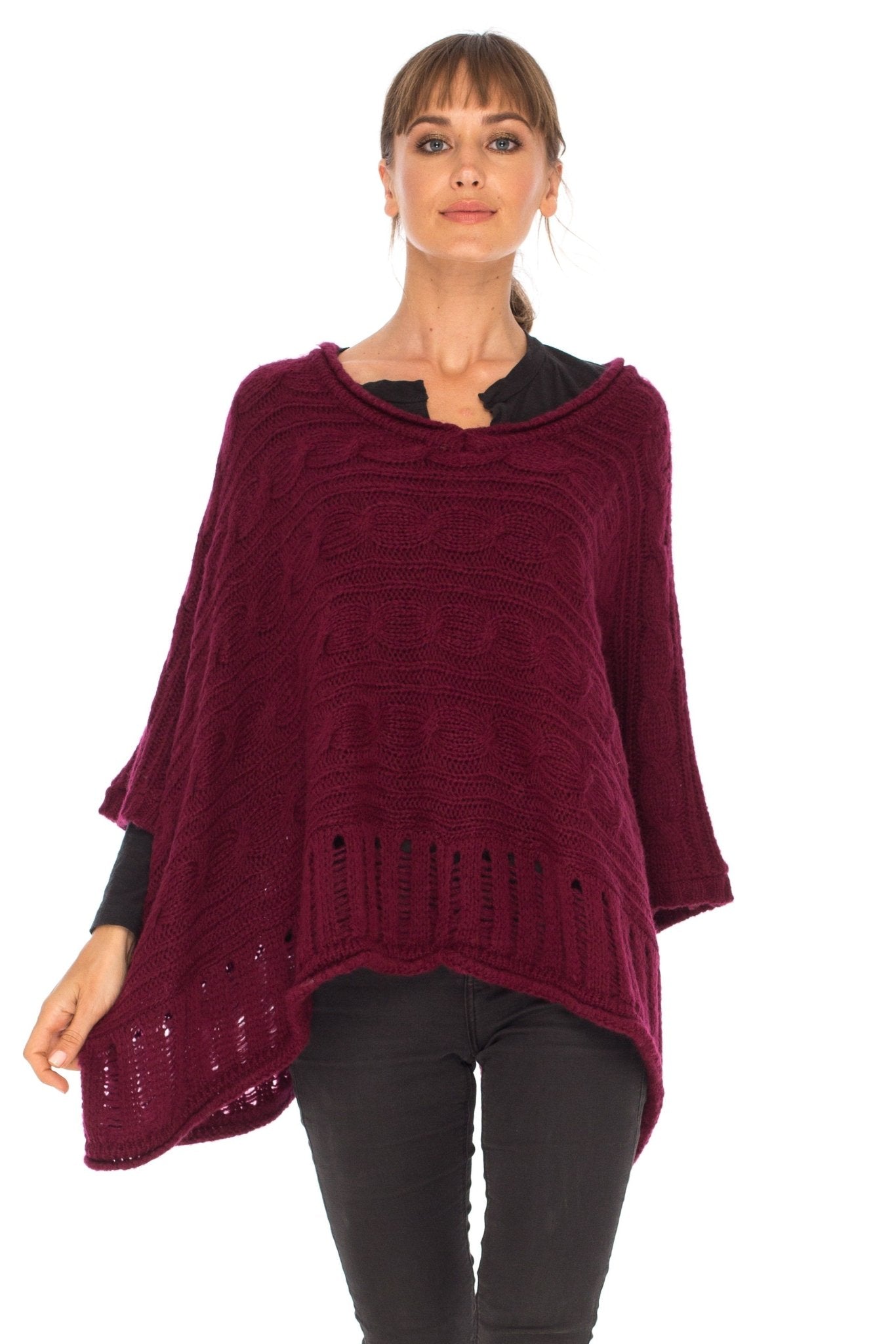 SHU - SHI Women's Boho Oversized Cable Knit Cowl Neck Sweater Poncho Topper - Love ShuShi