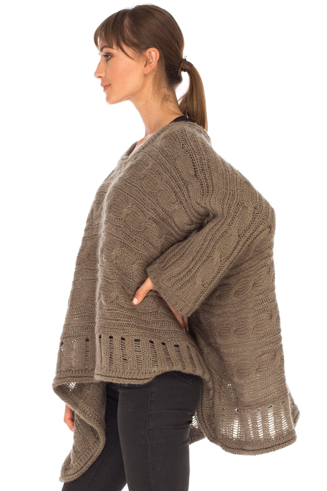 SHU - SHI Women's Boho Oversized Cable Knit Cowl Neck Sweater Poncho Topper - Love ShuShi