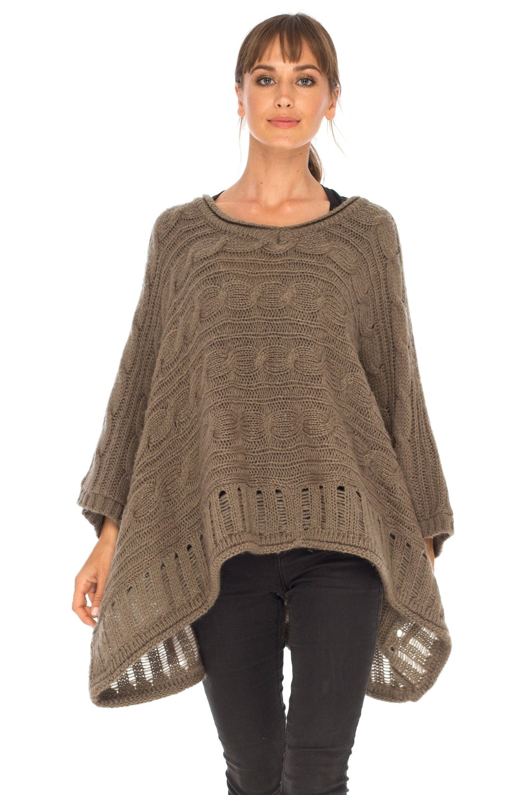 SHU - SHI Women's Boho Oversized Cable Knit Cowl Neck Sweater Poncho Topper - Love ShuShi