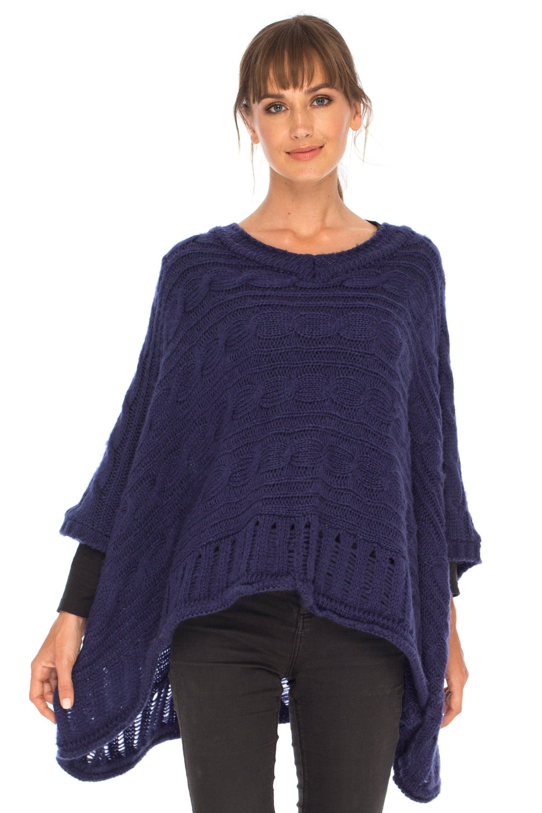 SHU - SHI Women's Boho Oversized Cable Knit Cowl Neck Sweater Poncho Topper - Love ShuShi