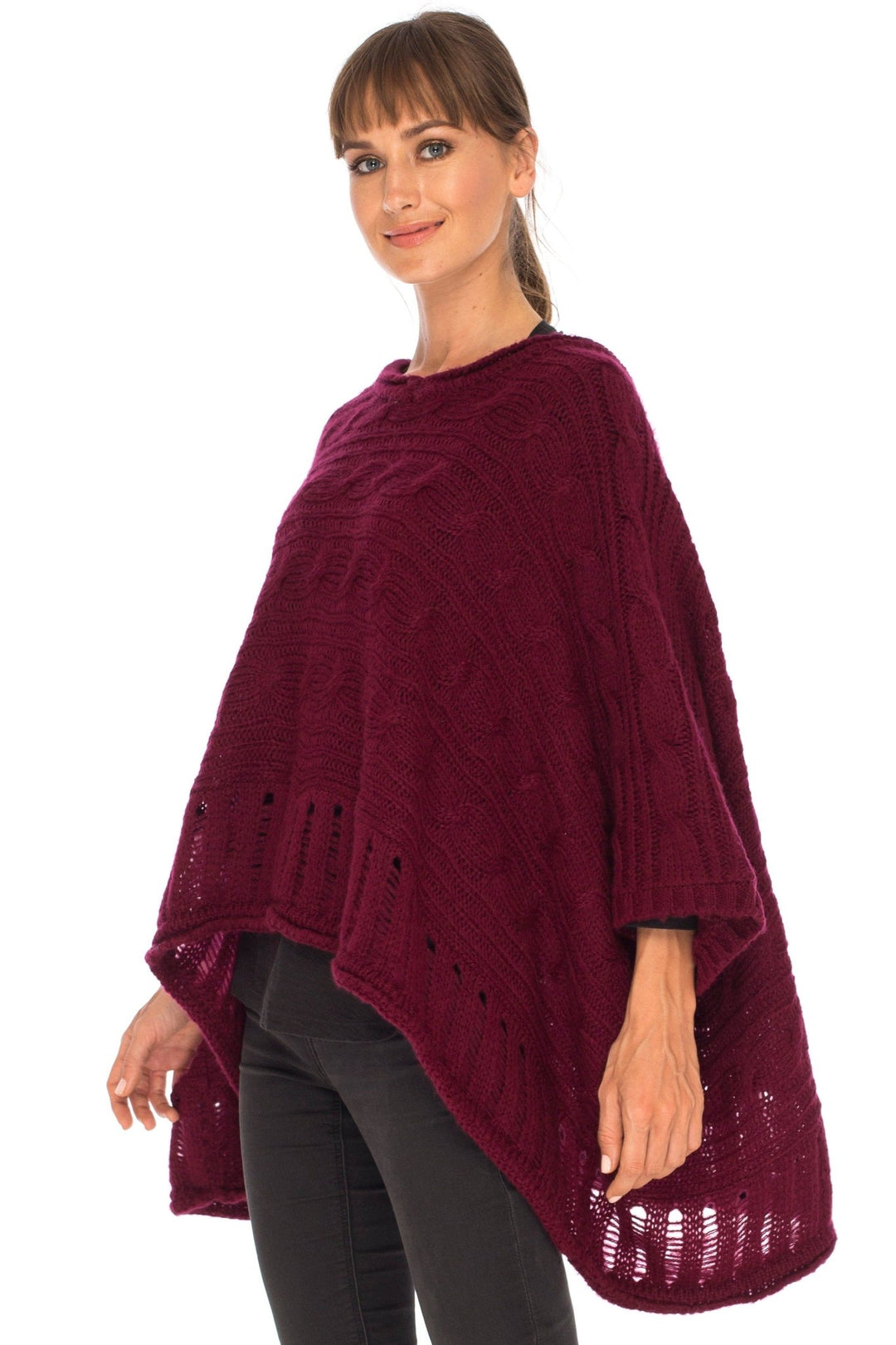 SHU - SHI Women's Boho Oversized Cable Knit Cowl Neck Sweater Poncho Topper - Love ShuShi