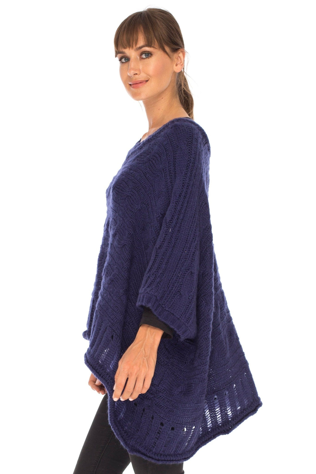 SHU - SHI Women's Boho Oversized Cable Knit Cowl Neck Sweater Poncho Topper - Love ShuShi