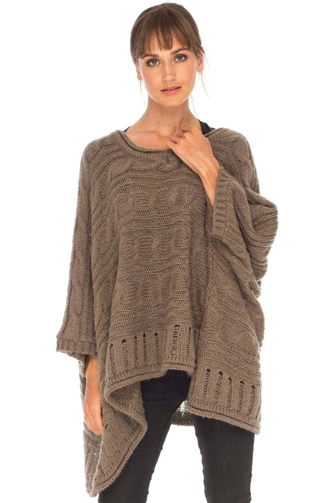 SHU - SHI Women's Boho Oversized Cable Knit Cowl Neck Sweater Poncho Topper - Love ShuShi