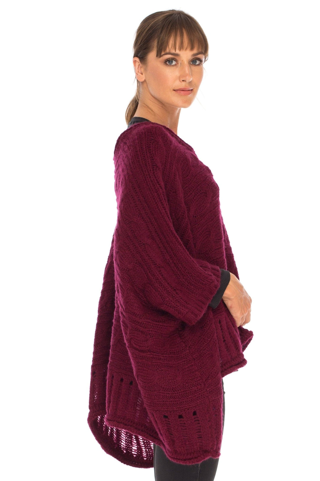 SHU - SHI Women's Boho Oversized Cable Knit Cowl Neck Sweater Poncho Topper - Love ShuShi