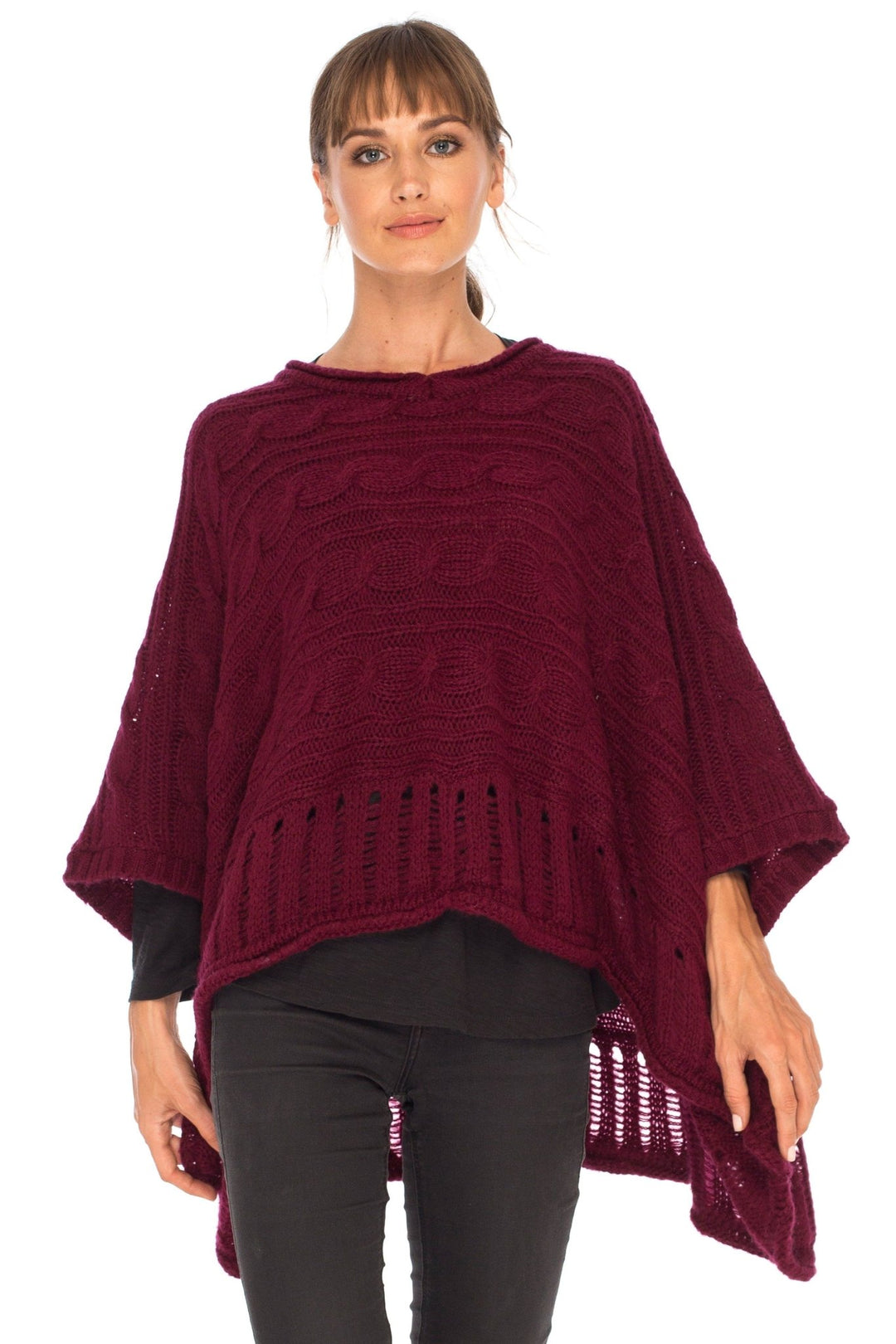 SHU - SHI Women's Boho Oversized Cable Knit Cowl Neck Sweater Poncho Topper - Love ShuShi