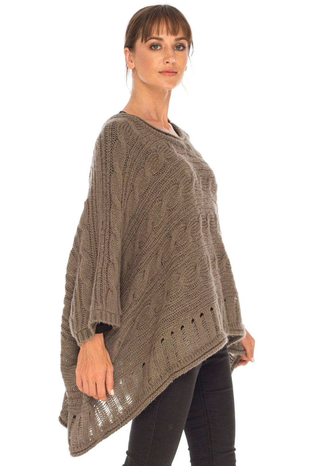 SHU - SHI Women's Boho Oversized Cable Knit Cowl Neck Sweater Poncho Topper - Love ShuShi