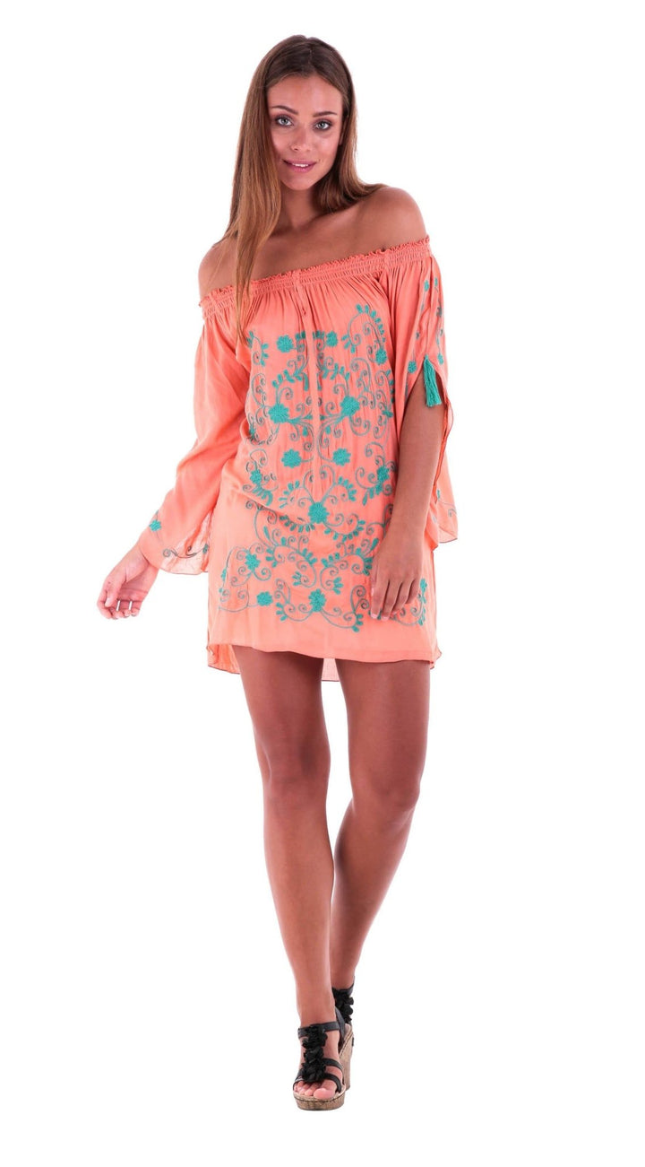 SHU - SHI Women's Boho Tunic Top - Off The Shoulder Mini Dress - Embroidered Bathing Suit Cover - Up - Love ShuShi