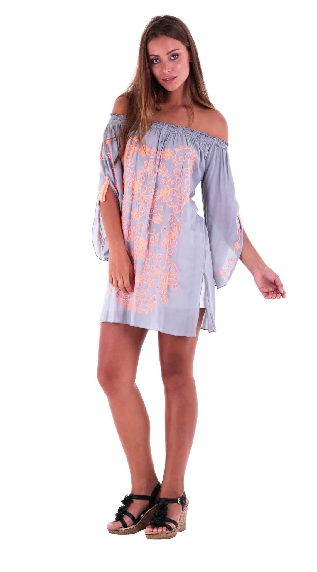 SHU - SHI Women's Boho Tunic Top - Off The Shoulder Mini Dress - Embroidered Bathing Suit Cover - Up - Love ShuShi