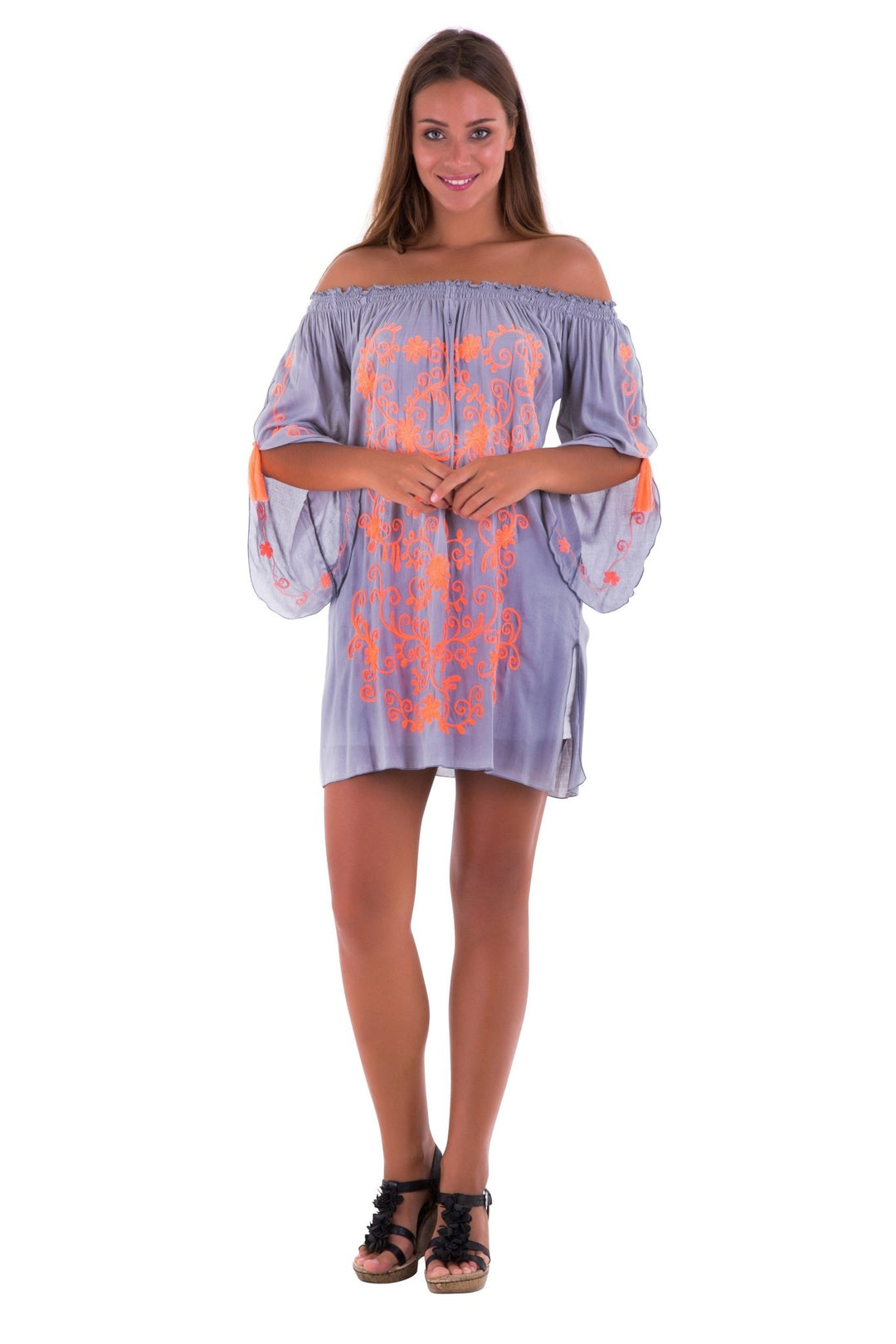 SHU - SHI Women's Boho Tunic Top - Off The Shoulder Mini Dress - Embroidered Bathing Suit Cover - Up - Love ShuShi