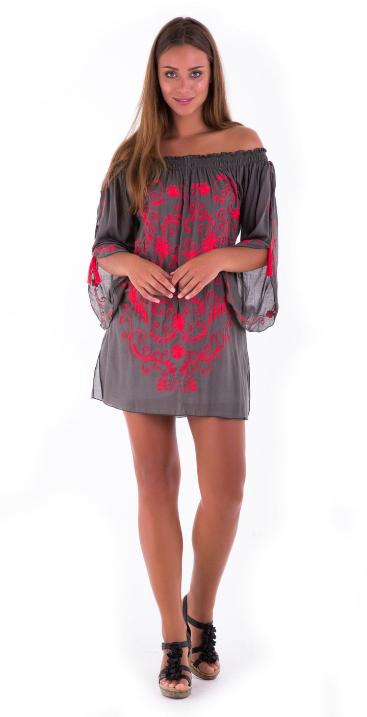 SHU - SHI Women's Boho Tunic Top - Off The Shoulder Mini Dress - Embroidered Bathing Suit Cover - Up - Love ShuShi